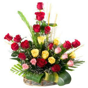 Arrangement of 25 Mixed Roses in Basket